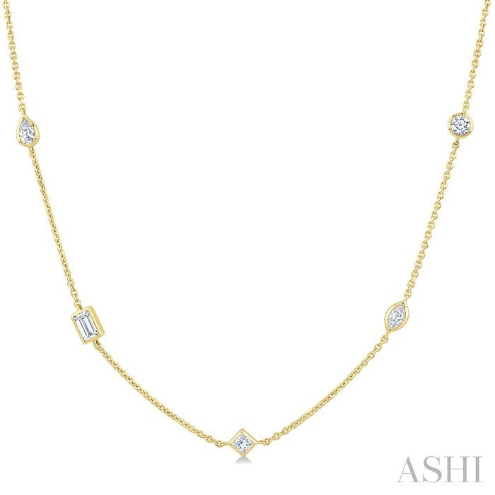 1 Ctw Bezel Set Mixed Cut Diamond Station Necklace in 14K Yellow Gold