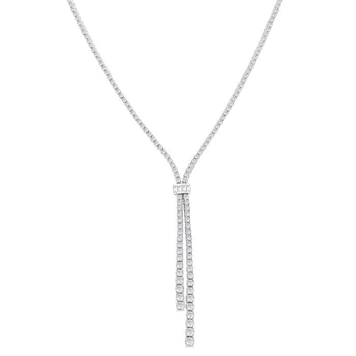 3 Ctw Split Y-Shape Baguette and Round Cut Diamond Lariat Necklace in 14K White Gold