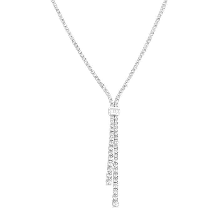 5 Ctw Split Y-Shape Baguette and Round Cut Diamond Lariat Necklace in 14K White Gold