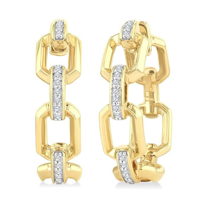 1/10 Ctw Bold Open Window Octagonal Shaped Round Cut Diamond Fashion Hoop Earrings in 10K Yellow Gold