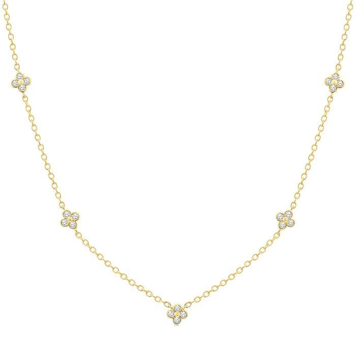 1/3 Ctw Clover Motif Bezel Set Round Cut Diamond Station Necklace in 10K Yellow Gold