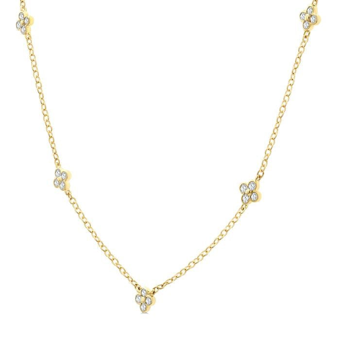 1/3 Ctw Clover Motif Bezel Set Round Cut Diamond Station Necklace in 10K Yellow Gold