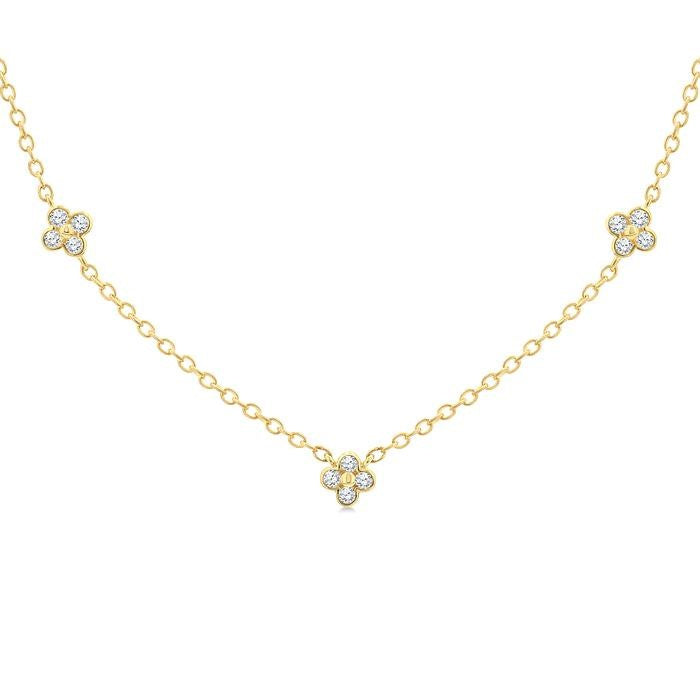 1/3 Ctw Clover Motif Bezel Set Round Cut Diamond Station Necklace in 10K Yellow Gold