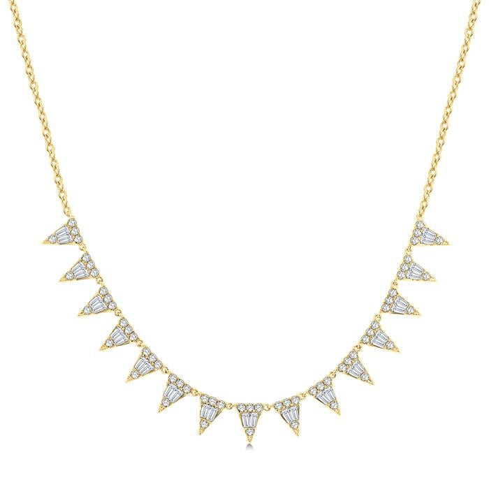 1 1/2 Ctw Inverted Triangle Motif Baguette and Round Cut Diamond  Necklace in 14K Yellow Gold