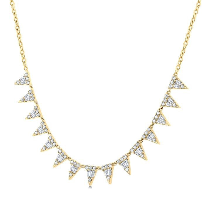 1 1/2 Ctw Inverted Triangle Motif Baguette and Round Cut Diamond  Necklace in 14K Yellow Gold