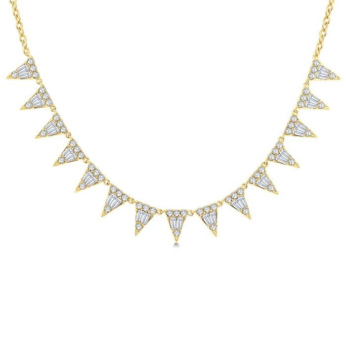 1 1/2 Ctw Inverted Triangle Motif Baguette and Round Cut Diamond  Necklace in 14K Yellow Gold