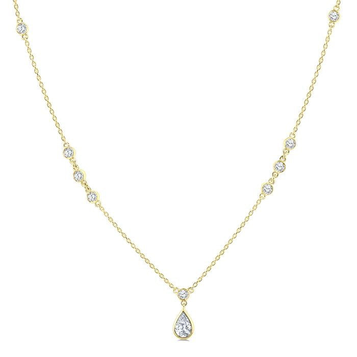 1/2 Ctw Bezel Set Pear and Round Cut Diamond Drop Necklace in 14K Yellow Gold