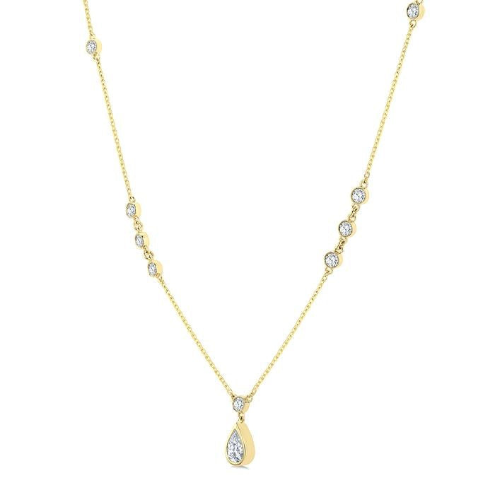 1/2 Ctw Bezel Set Pear and Round Cut Diamond Drop Necklace in 14K Yellow Gold