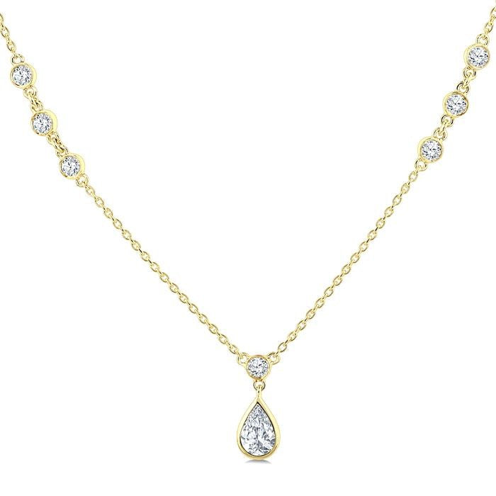 1/2 Ctw Bezel Set Pear and Round Cut Diamond Drop Necklace in 14K Yellow Gold