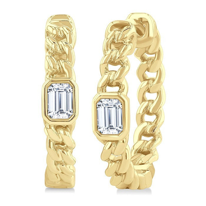 1/3 Ctw Bezel Set Emerald Cut Diamond Curb Link Fashion Hoop Earrings in 14K Yellow Gold