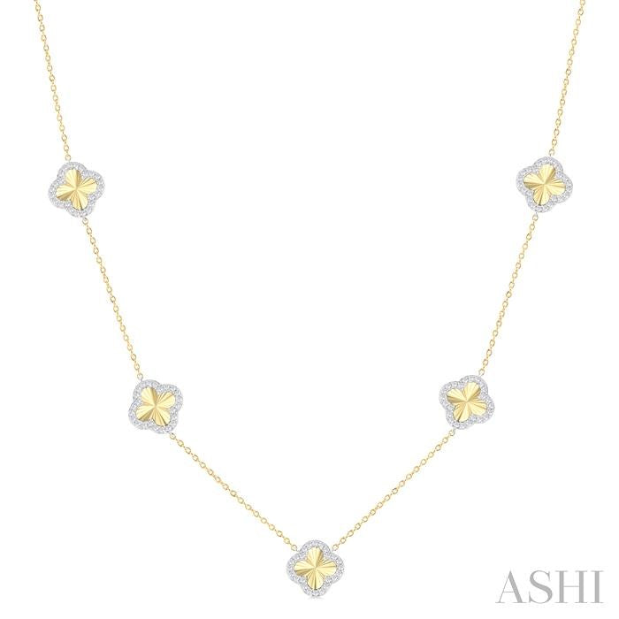 1/2 Ctw Fluted Clover Round Cut Diamond Pirouette Station Necklace in 14K Yellow and White Gold