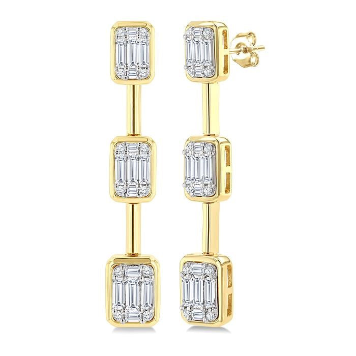 7/8 Ctw Fusion Baguette and Round Cut Diamond Bar Link Fashion earrings in 14K Yellow and White Gold