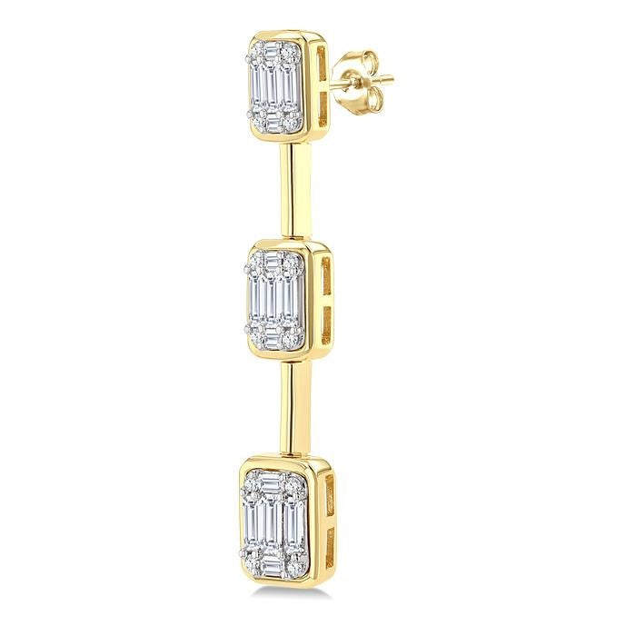 7/8 Ctw Fusion Baguette and Round Cut Diamond Bar Link Fashion earrings in 14K Yellow and White Gold
