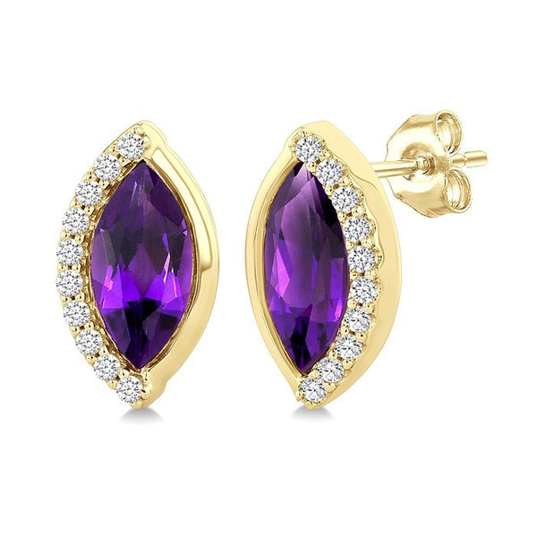 8X4 MM Marquise Shape Amethyst and 1/10 Ctw Round Cut Diamond Semi-Precious Earrings in 10K Yellow Gold