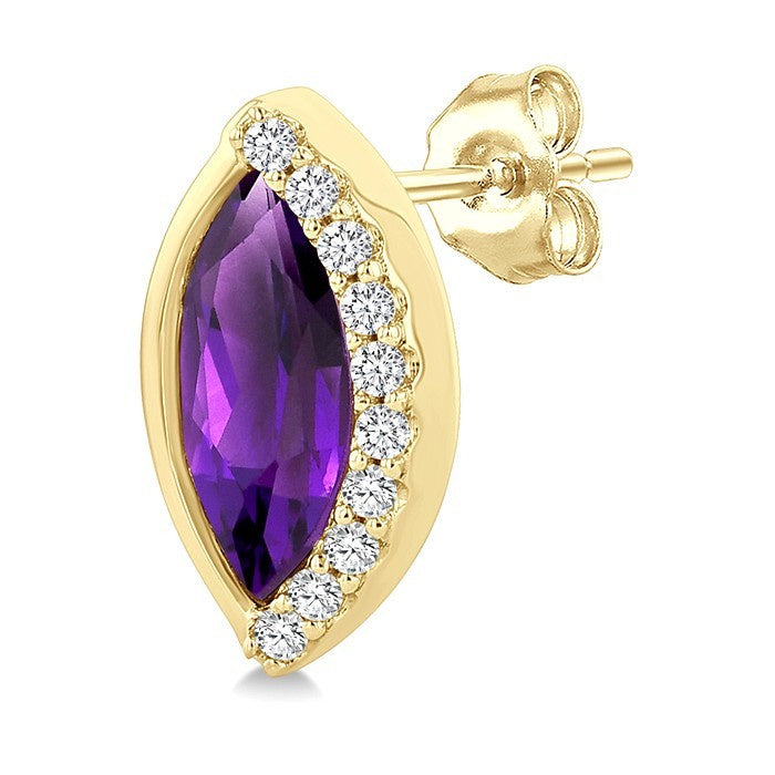 8X4 MM Marquise Shape Amethyst and 1/10 Ctw Round Cut Diamond Semi-Precious Earrings in 10K Yellow Gold