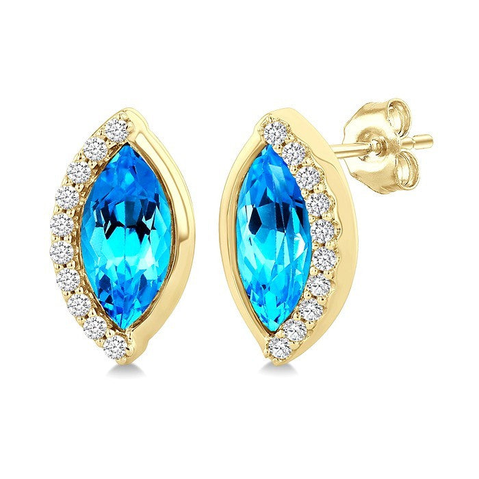 8X4 MM Marquise Shape Blue Topaz and 1/10 Ctw Round Cut Diamond Semi-Precious Earrings in 10K Yellow Gold
