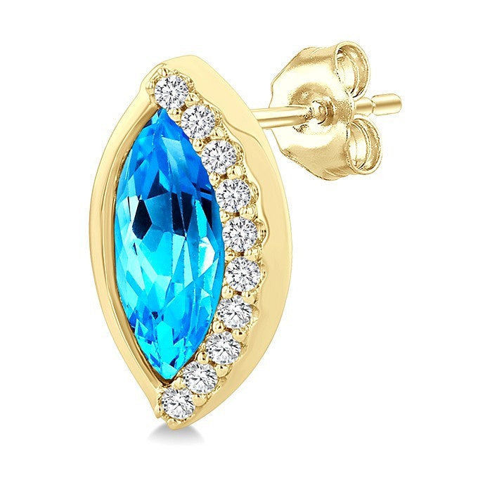 8X4 MM Marquise Shape Blue Topaz and 1/10 Ctw Round Cut Diamond Semi-Precious Earrings in 10K Yellow Gold