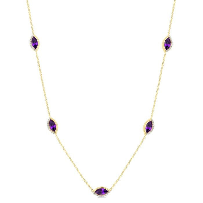 1/4 Ctw Marquise Cut 8X4MM Amethyst and Round Cut Diamond Station Necklace in 10K Yellow Gold