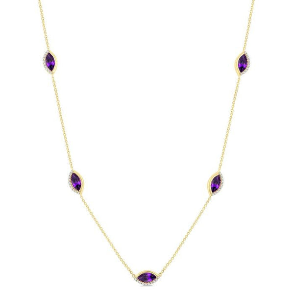 1/4 Ctw Marquise Cut 8X4MM Amethyst and Round Cut Diamond Station Necklace in 10K Yellow Gold