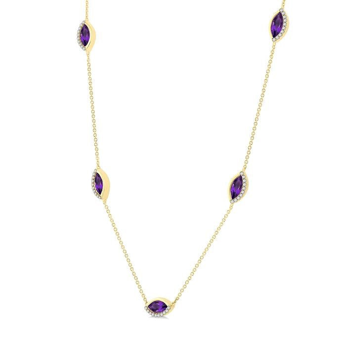 1/4 Ctw Marquise Cut 8X4MM Amethyst and Round Cut Diamond Station Necklace in 10K Yellow Gold