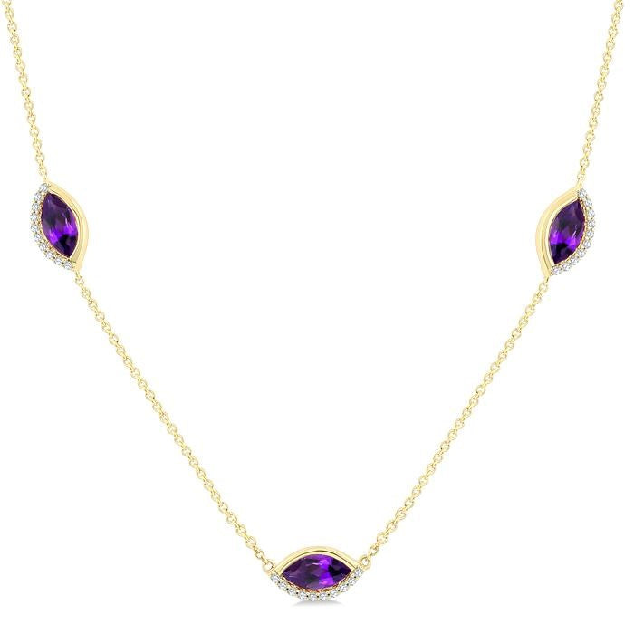 1/4 Ctw Marquise Cut 8X4MM Amethyst and Round Cut Diamond Station Necklace in 10K Yellow Gold