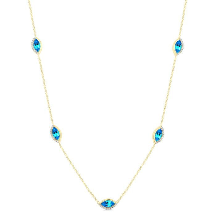 1/4 Ctw 8X4MM Marquise Cut Blue Topaz and Round Cut Diamond Station Necklace in 10K Yellow Gold