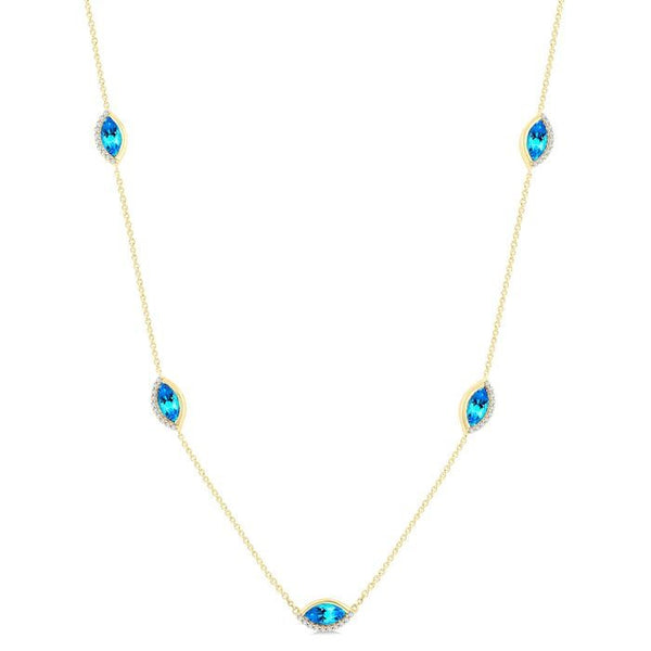 1/4 Ctw 8X4MM Marquise Cut Blue Topaz and Round Cut Diamond Station Necklace in 10K Yellow Gold