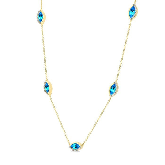 1/4 Ctw 8X4MM Marquise Cut Blue Topaz and Round Cut Diamond Station Necklace in 10K Yellow Gold