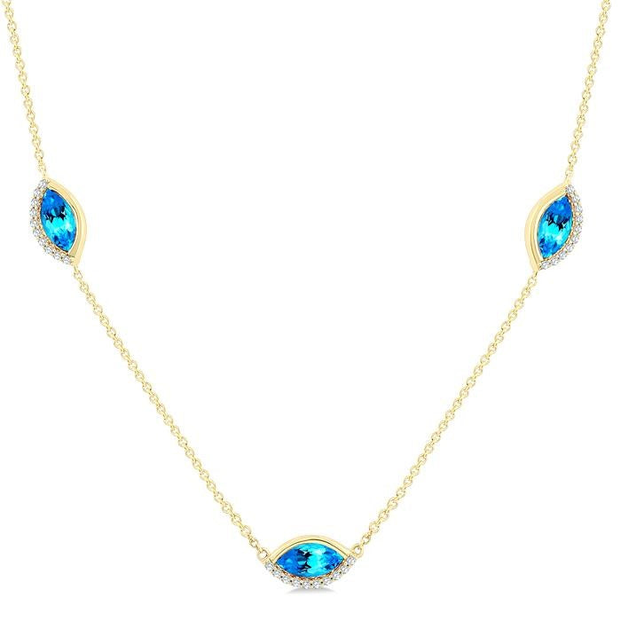 1/4 Ctw 8X4MM Marquise Cut Blue Topaz and Round Cut Diamond Station Necklace in 10K Yellow Gold