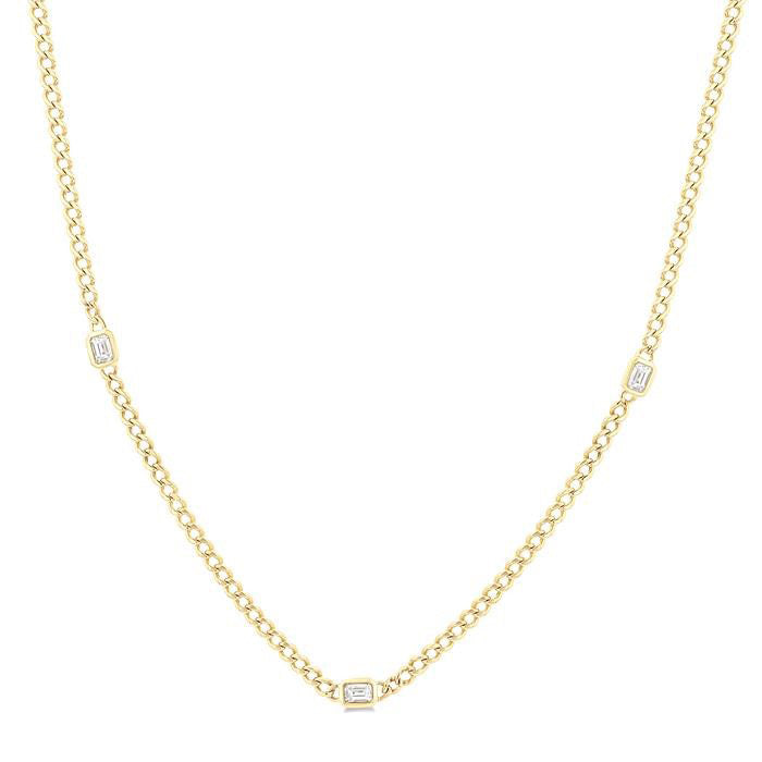 Emerald Shape Bezel Curb & Cuban Station Diamond Necklace