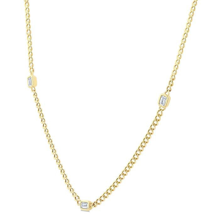 Emerald Shape Bezel Curb & Cuban Station Diamond Necklace