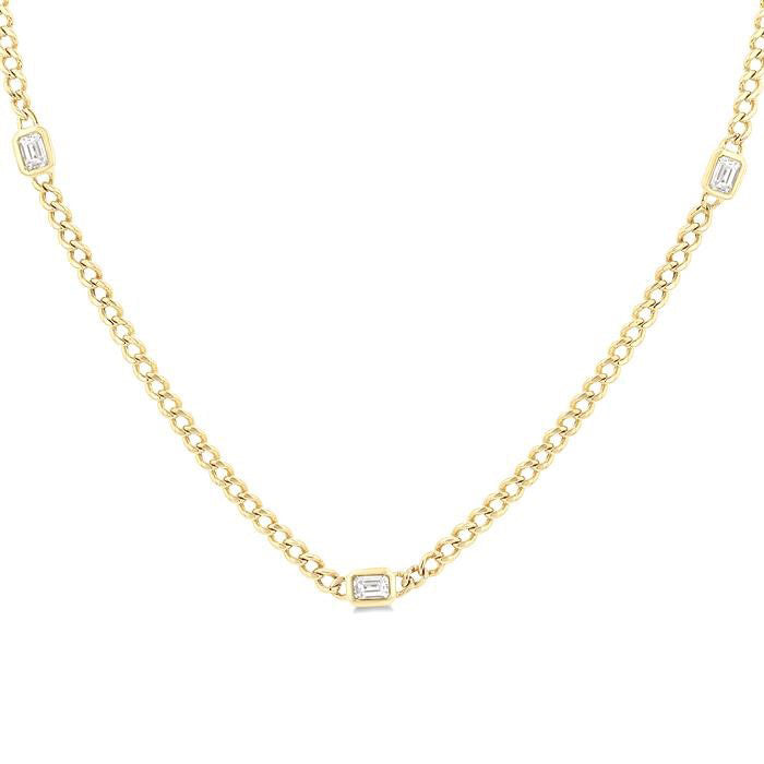 Emerald Shape Bezel Curb & Cuban Station Diamond Necklace