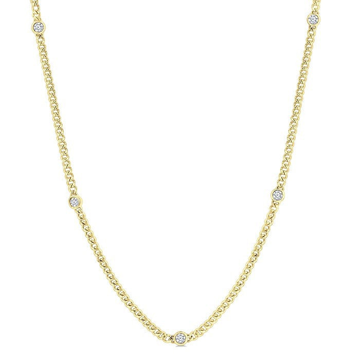 1/2 Ctw Bezel-Set Round-Cut Diamond Curb & Cuban Link Fashion Station Necklace in 14K Yellow Gold