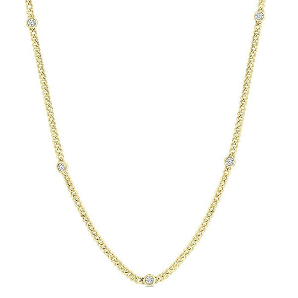 1/2 Ctw Bezel-Set Round-Cut Diamond Curb & Cuban Link Fashion Station Necklace in 14K Yellow Gold