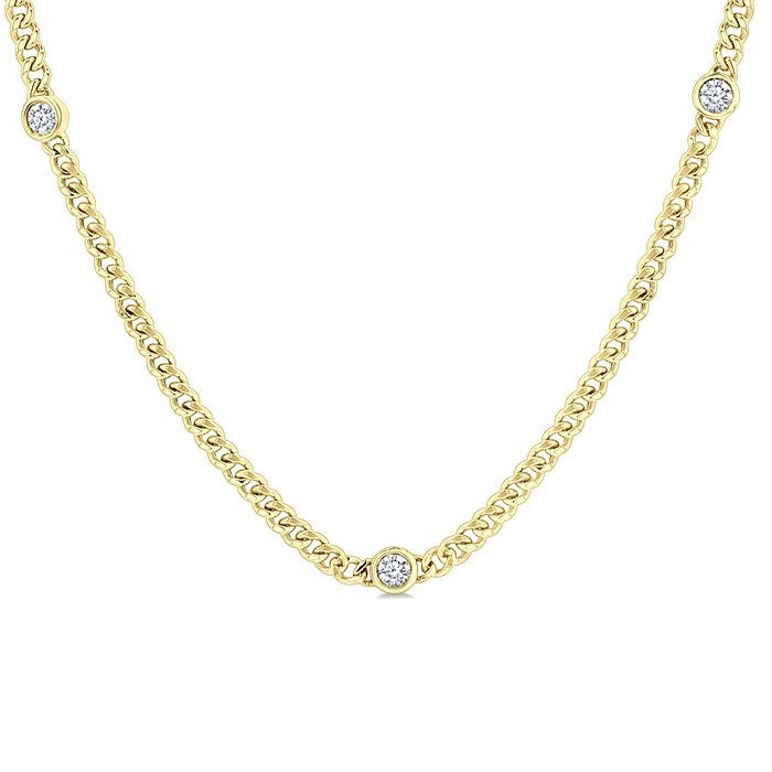 1/2 Ctw Bezel-Set Round-Cut Diamond Curb & Cuban Link Fashion Station Necklace in 14K Yellow Gold