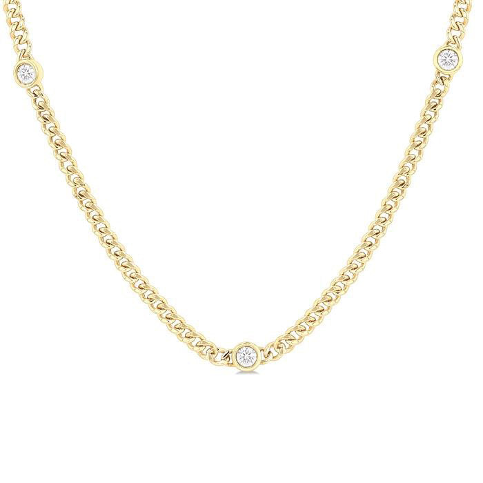 Round Shape Bezel Curb & Cuban Station Diamond Necklace