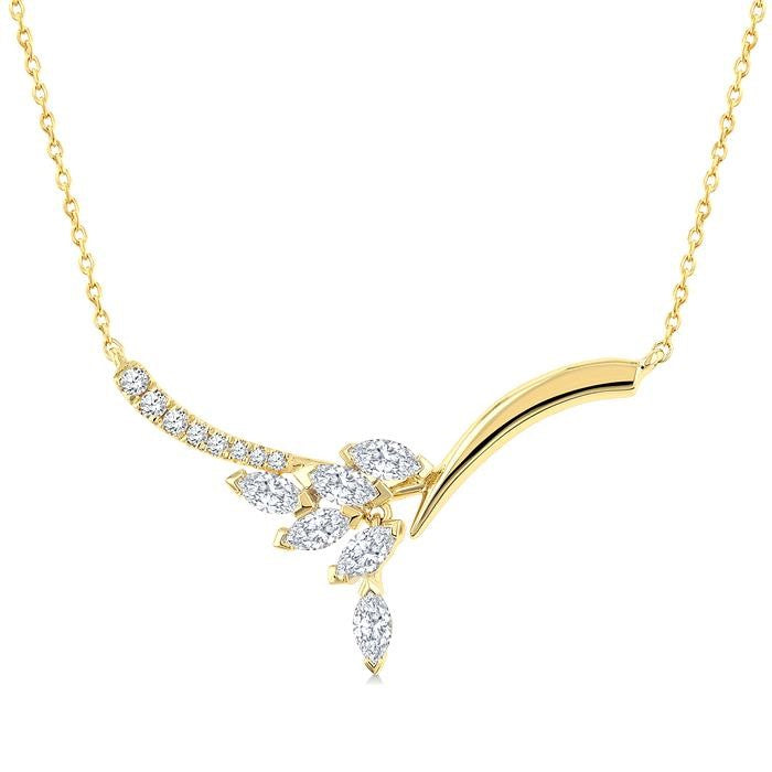1/3 Ctw Leaf Motif Drop Marquise and Round Cut Diamond Fashion Necklace in 14K Yellow Gold