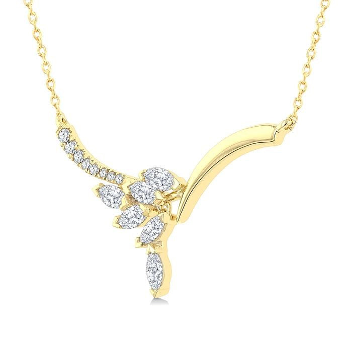 1/3 Ctw Leaf Motif Drop Marquise and Round Cut Diamond Fashion Necklace in 14K Yellow Gold