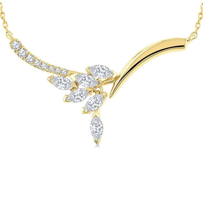 1/3 Ctw Leaf Motif Drop Marquise and Round Cut Diamond Fashion Necklace in 14K Yellow Gold