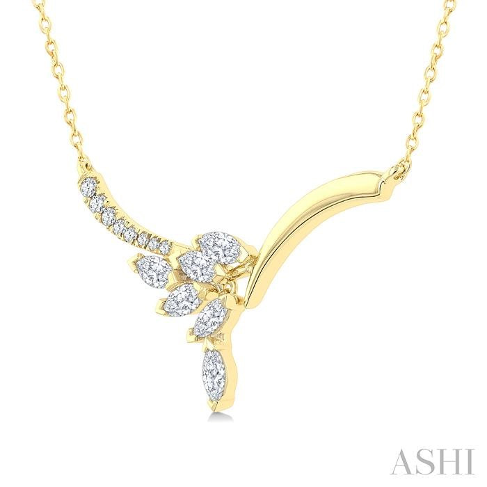 1/3 Ctw Leaf Motif Drop Marquise and Round Cut Diamond Fashion Necklace in 14K Yellow Gold