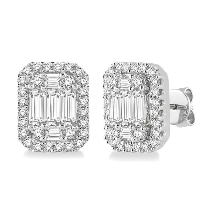 1 Ctw Octagonal Baguette & Round Cut Diamond Stud Earrings in 14K White Gold