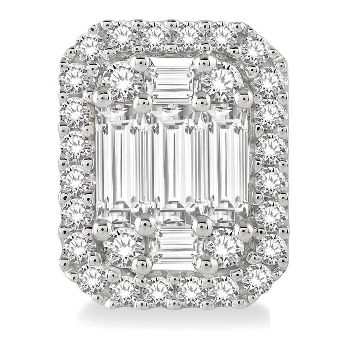 1 Ctw Octagonal Baguette & Round Cut Diamond Stud Earrings in 14K White Gold
