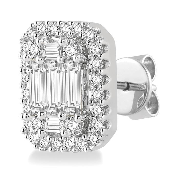 1 Ctw Octagonal Baguette & Round Cut Diamond Stud Earrings in 14K White Gold