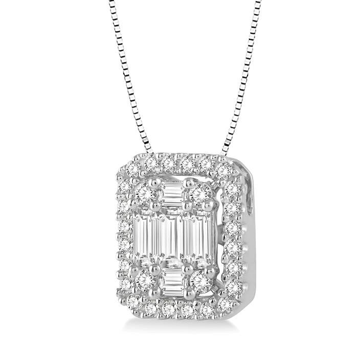 1/2 Ctw Octagonal Baguette & Round Cut Diamond Pendant With Box Chain in 14K White Gold