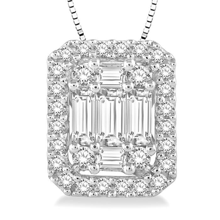 1/2 Ctw Octagonal Baguette & Round Cut Diamond Pendant With Box Chain in 14K White Gold