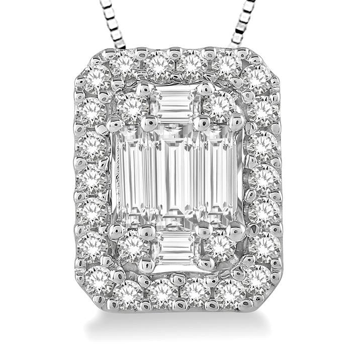 3/8 Ctw Octagonal Baguette & Round Cut Diamond Pendant With Box Chain in 14K White Gold