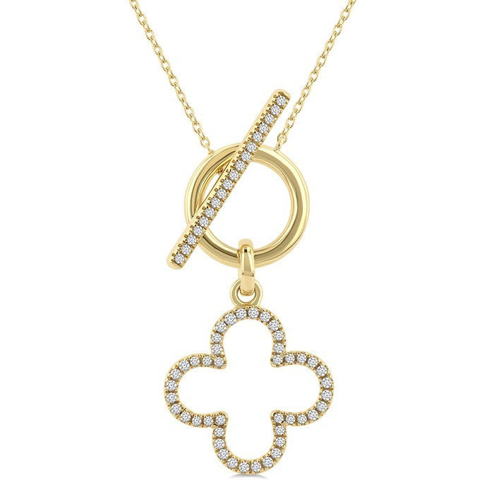 1/4 Ctw Round Cut Diamond Open Window Clover Frame Toggle Fashion Necklace in 10K Yellow Gold
