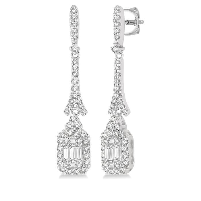 5/8 Ctw Long Baguette & Round Cut Diamond Earrings in 14K White Gold