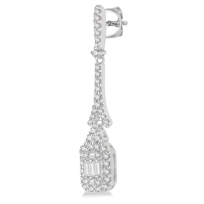 5/8 Ctw Long Baguette & Round Cut Diamond Earrings in 14K White Gold