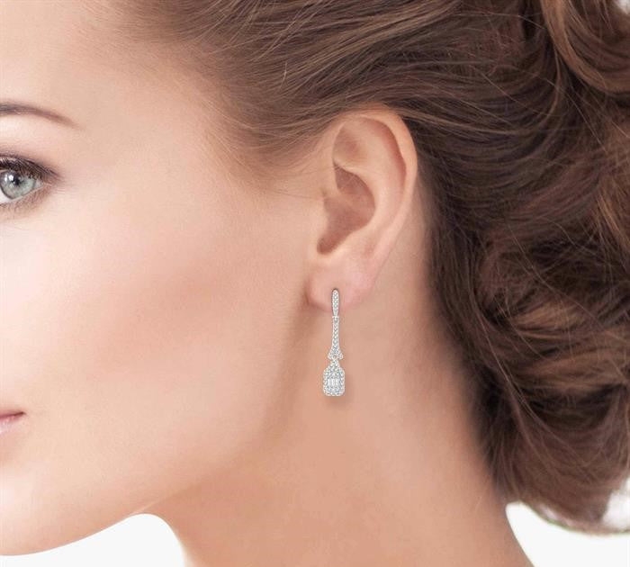 5/8 Ctw Long Baguette & Round Cut Diamond Earrings in 14K White Gold